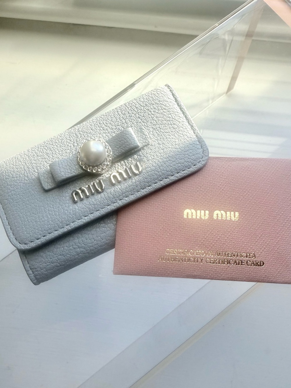 Miu Miu Madras Pearl & Crystal 6-Hook Key Case - Fiordaliso - Authenticity Card